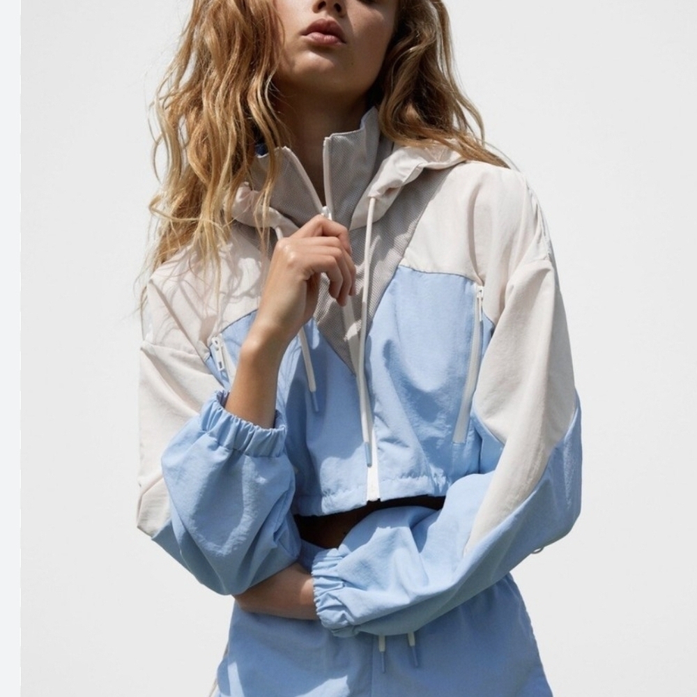Cropped Light Blue and Cream Bomber Jacket - Women's Hooded Windbreaker